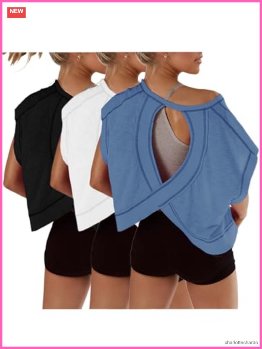 Womens 3 Pack Open Back Crop Tops Short Sleeve Workout Gym Yoga Tees